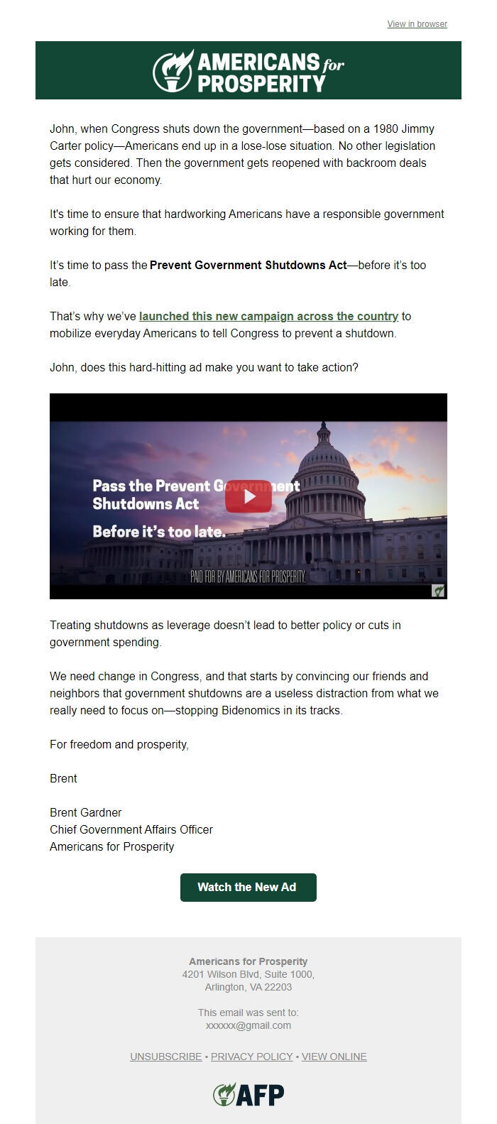 Screenshot of the email generated on import