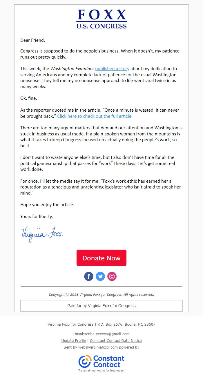 Screenshot of the email generated on import