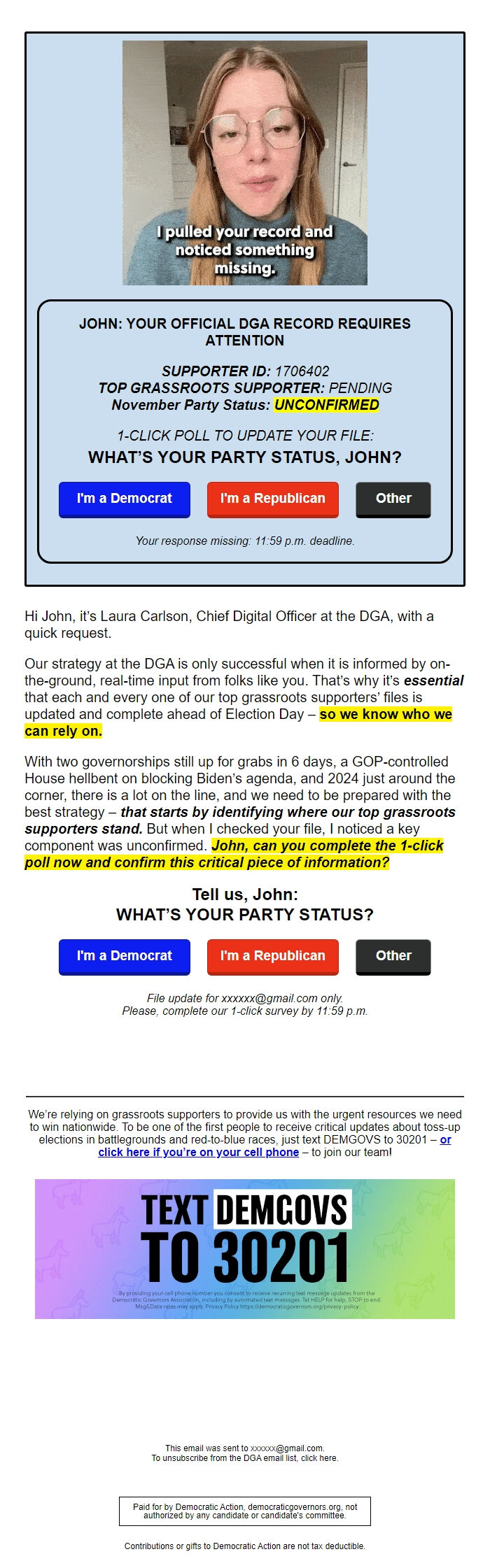 Screenshot of the email generated on import