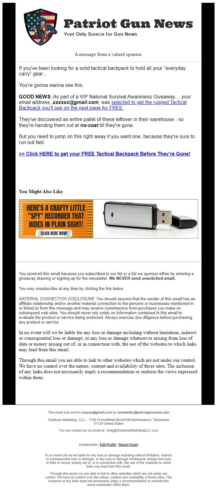 Screenshot of the email generated on import