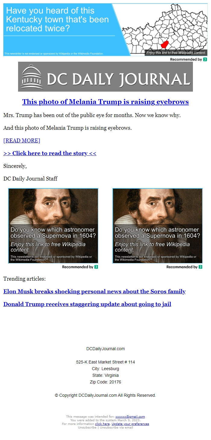 Screenshot of the email generated on import