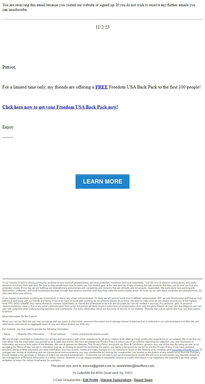 Screenshot of the email generated on import