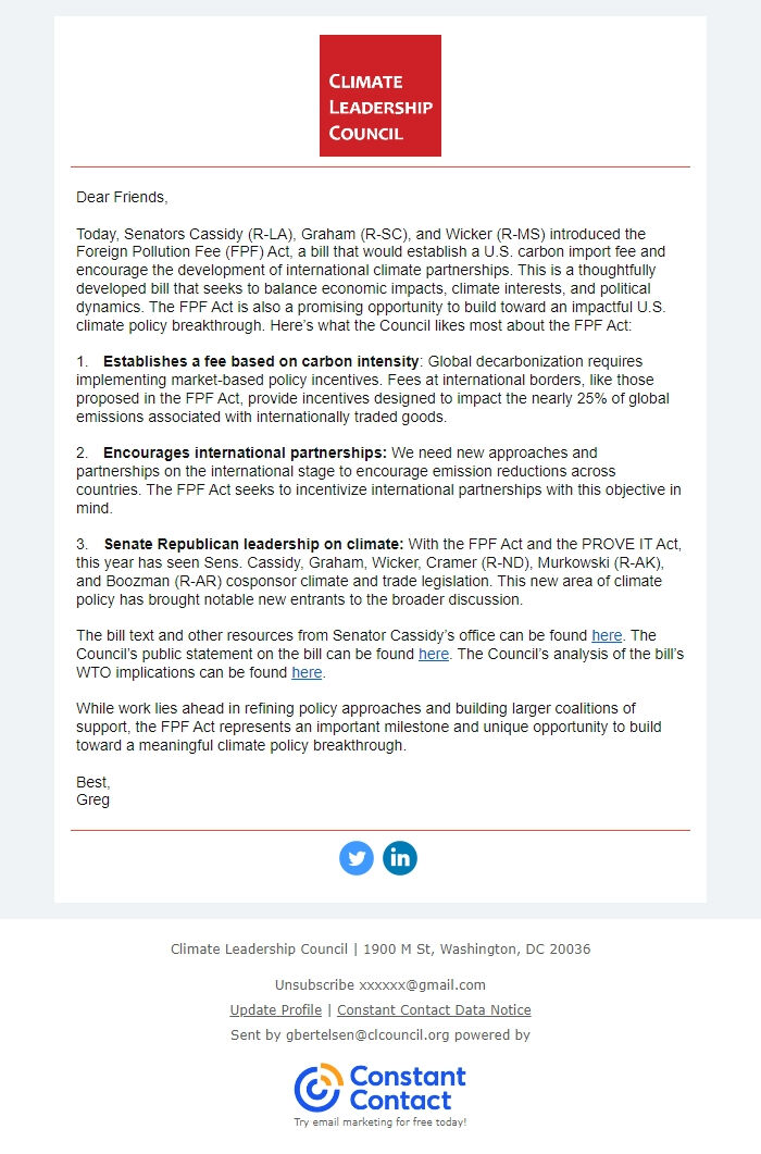 Screenshot of the email generated on import