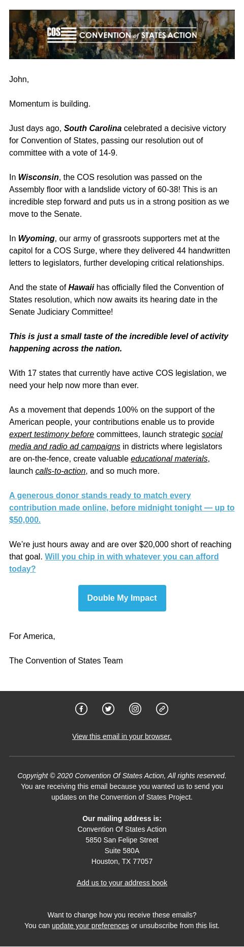 Screenshot of the email generated on import