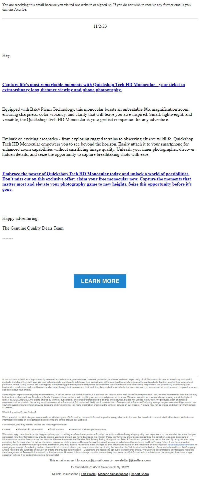 Screenshot of the email generated on import