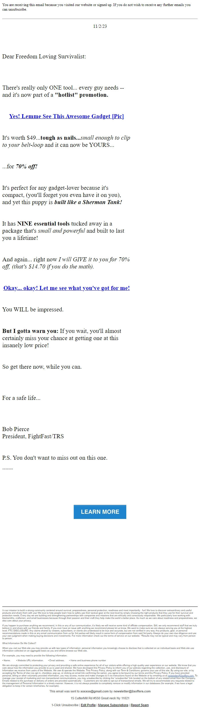 Screenshot of the email generated on import