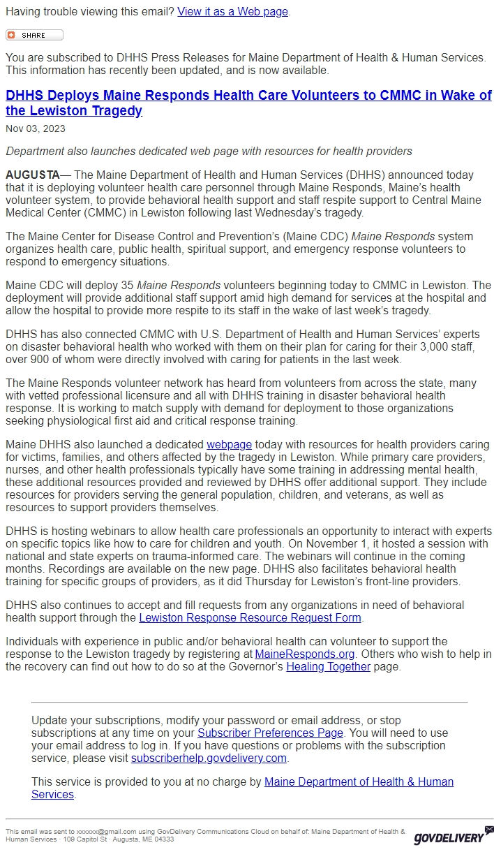 Screenshot of the email generated on import