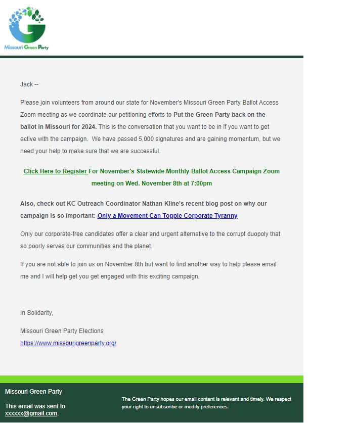 Screenshot of the email generated on import