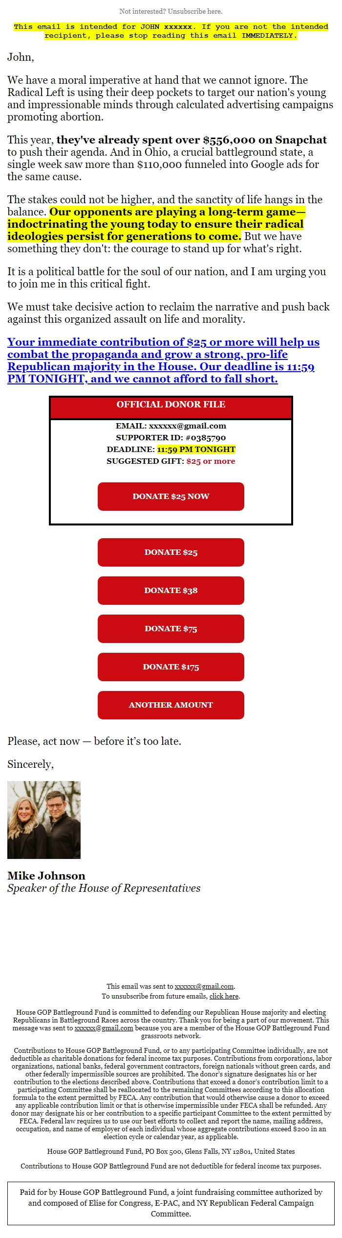 Screenshot of the email generated on import