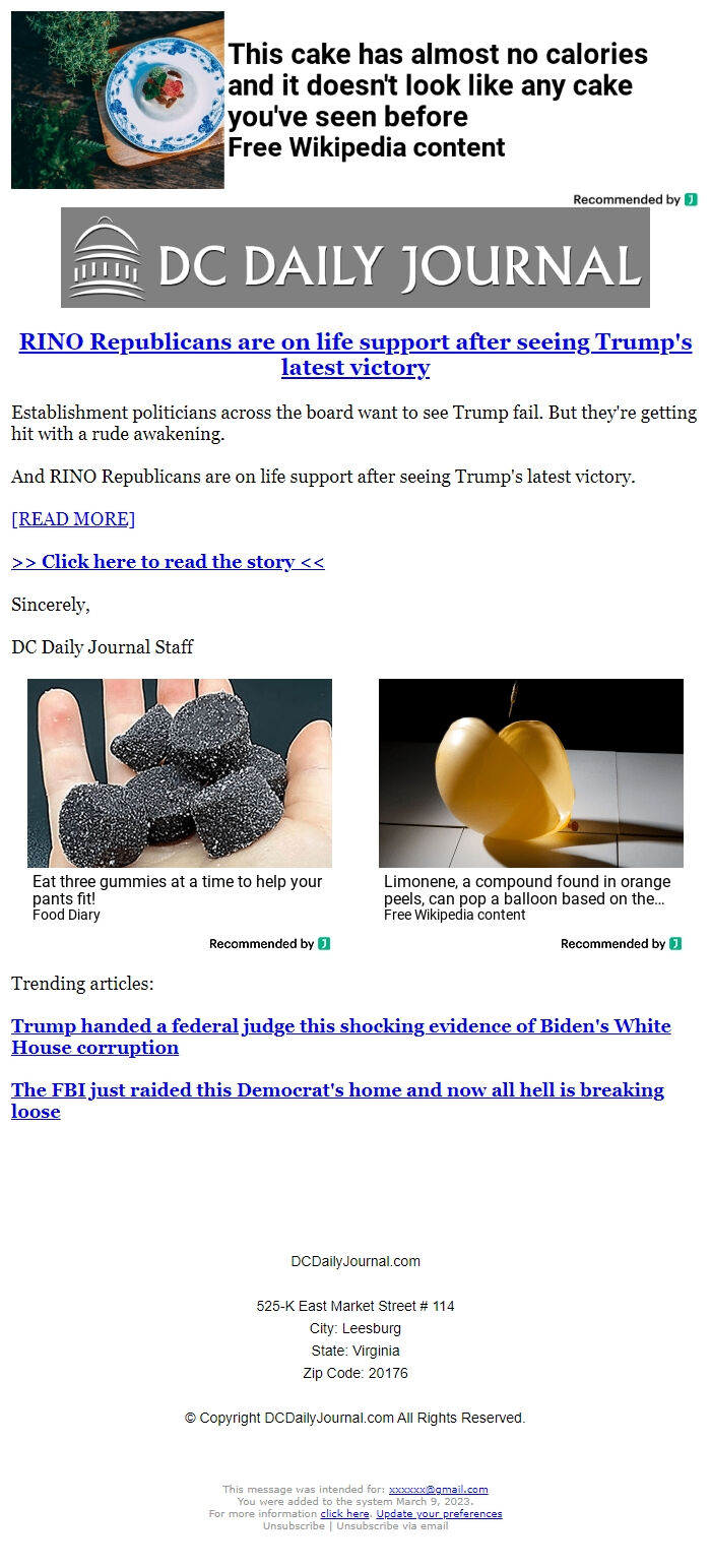 Screenshot of the email generated on import