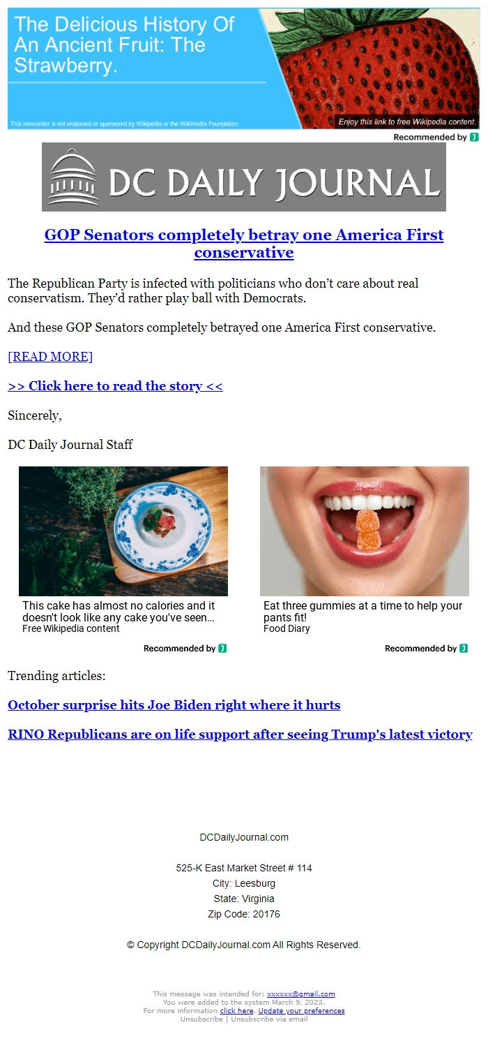 Screenshot of the email generated on import