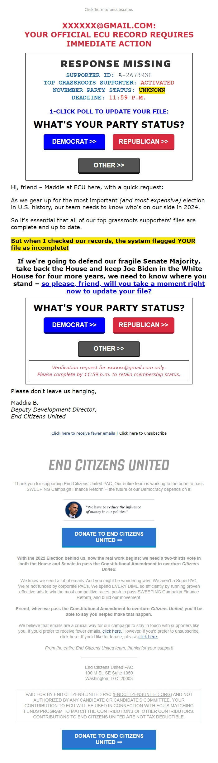 Screenshot of the email generated on import
