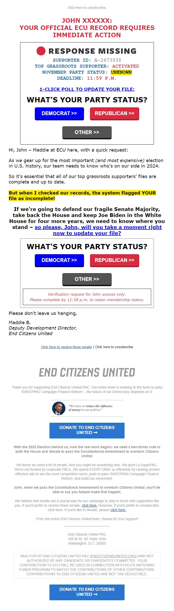 Screenshot of the email generated on import