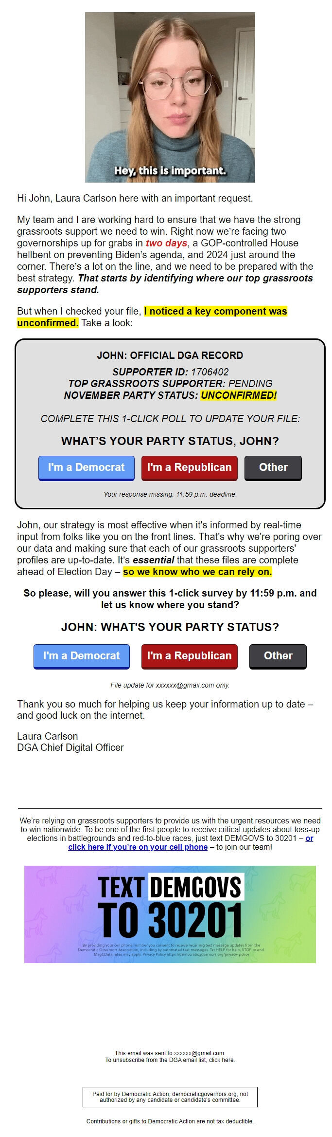 Screenshot of the email generated on import