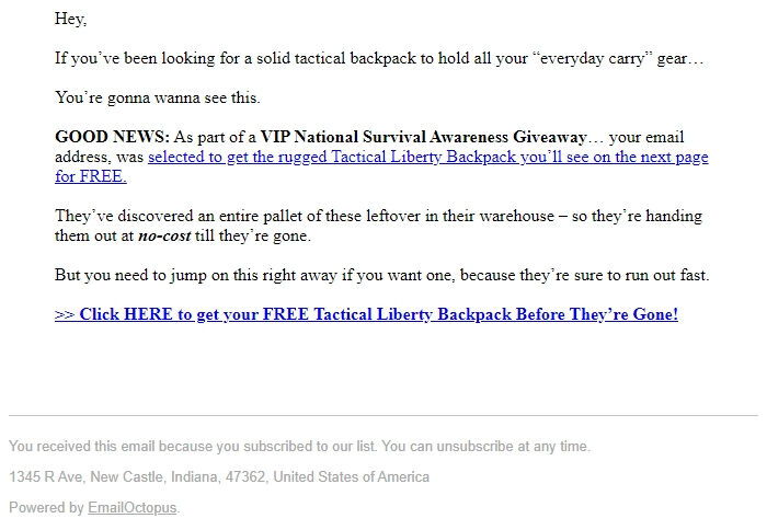 Screenshot of the email generated on import