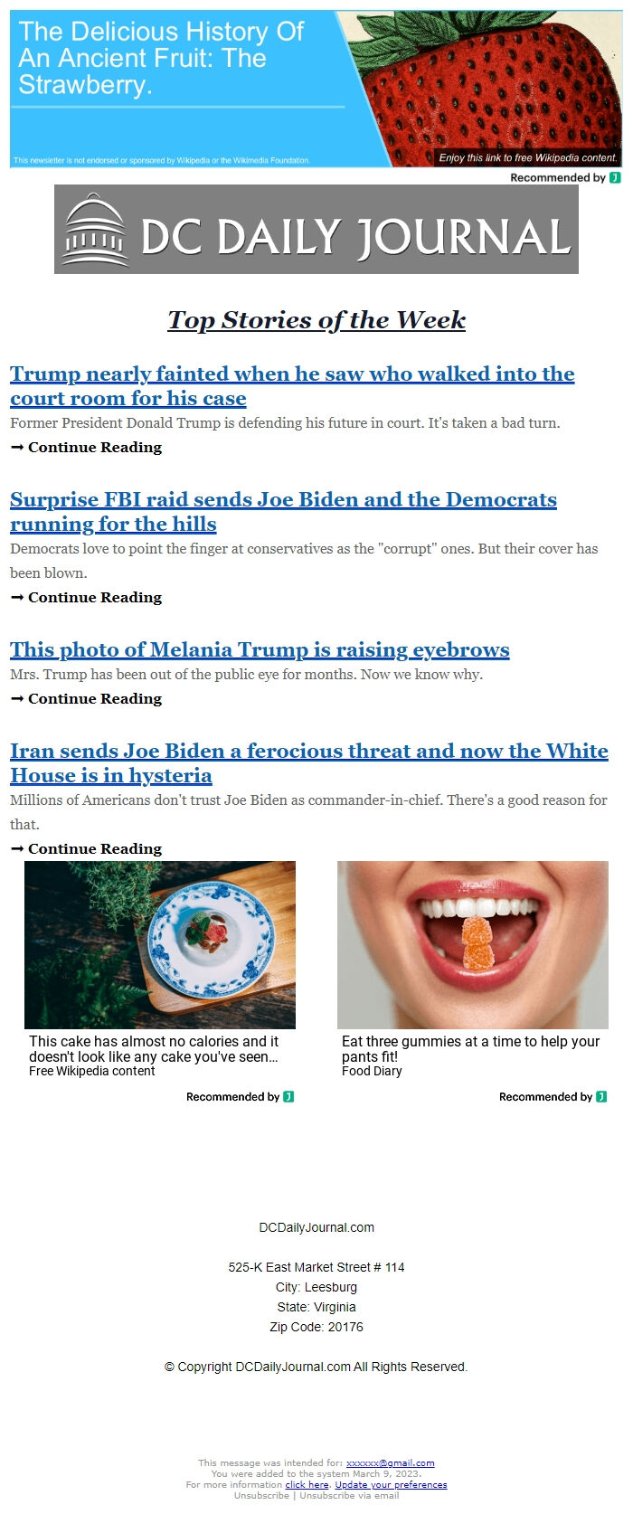 Screenshot of the email generated on import