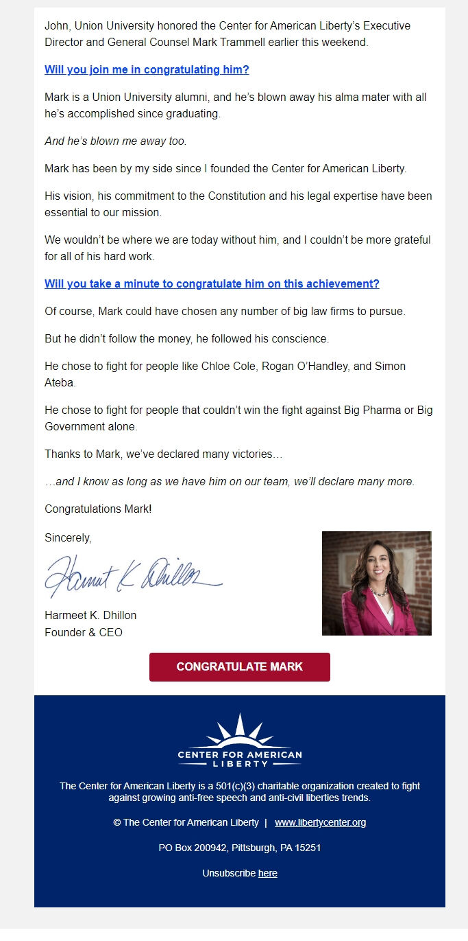 Screenshot of the email generated on import