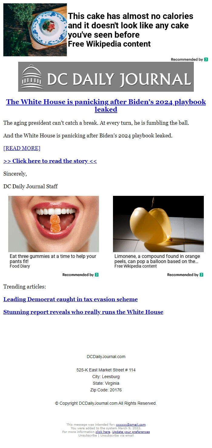 Screenshot of the email generated on import