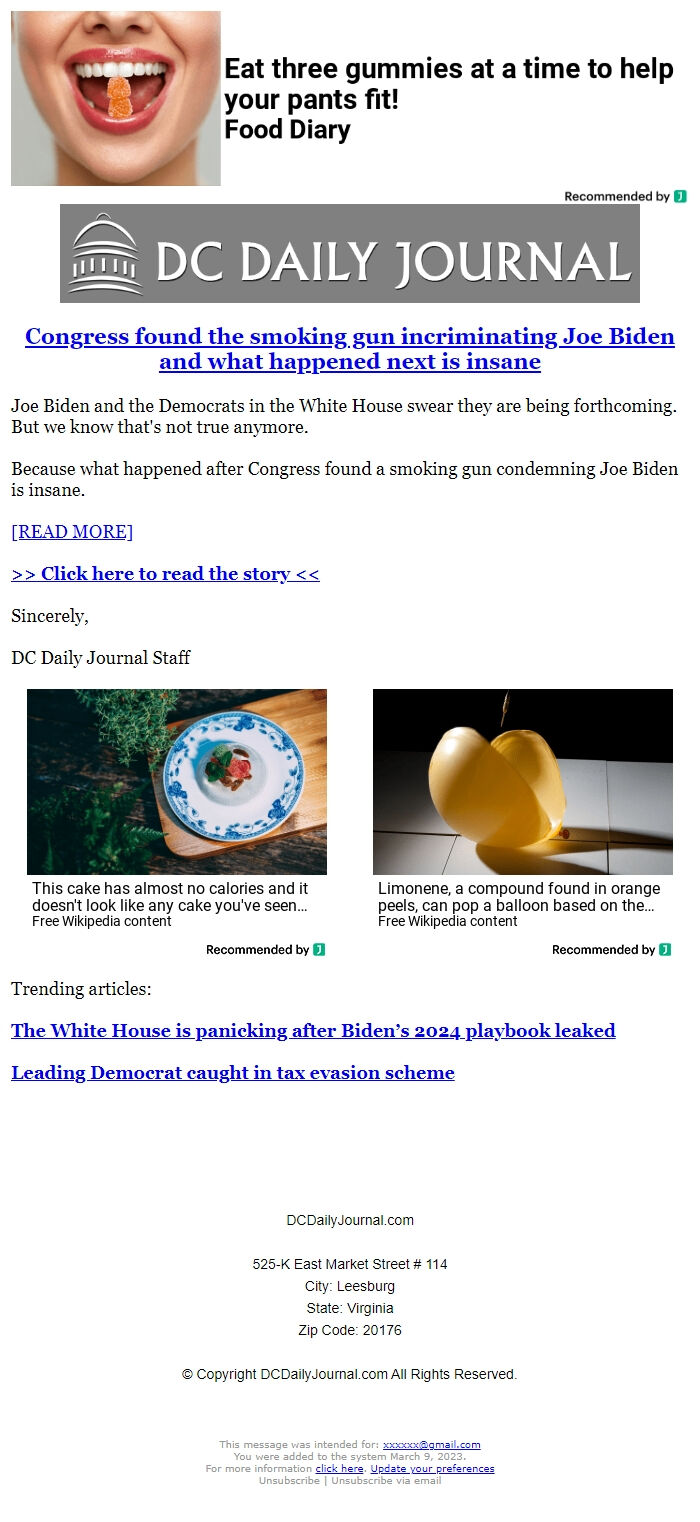 Screenshot of the email generated on import