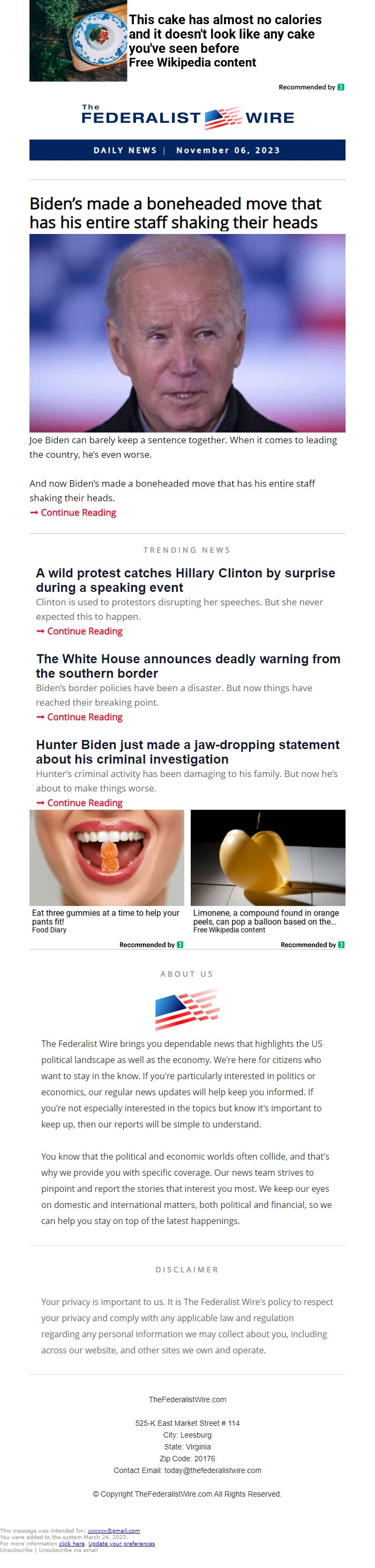 Screenshot of the email generated on import