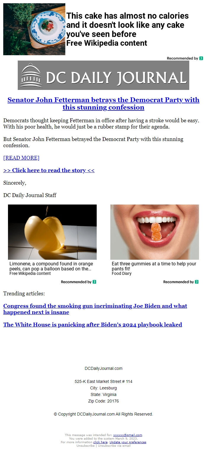 Screenshot of the email generated on import