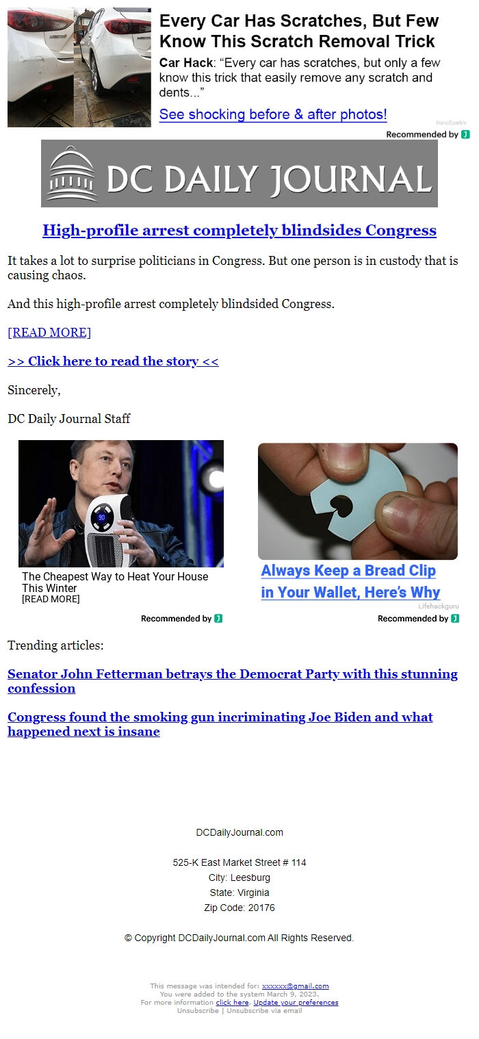Screenshot of the email generated on import
