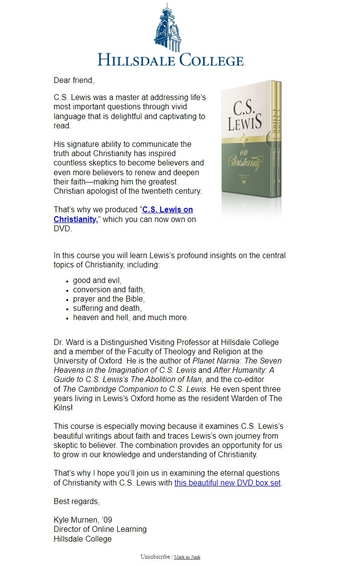 Screenshot of the email generated on import