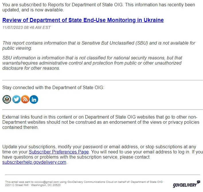Screenshot of the email generated on import