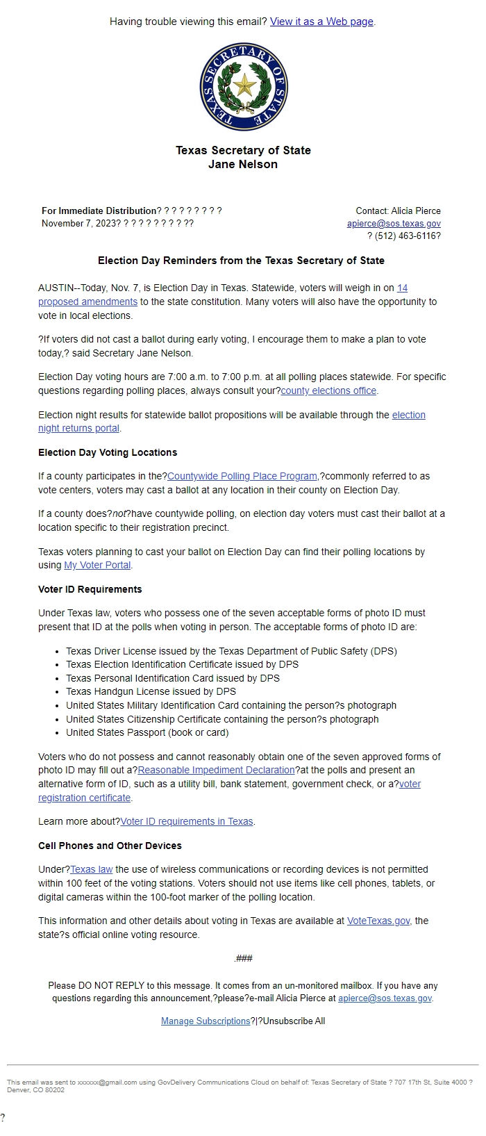 Screenshot of the email generated on import