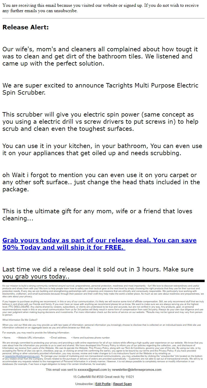Screenshot of the email generated on import