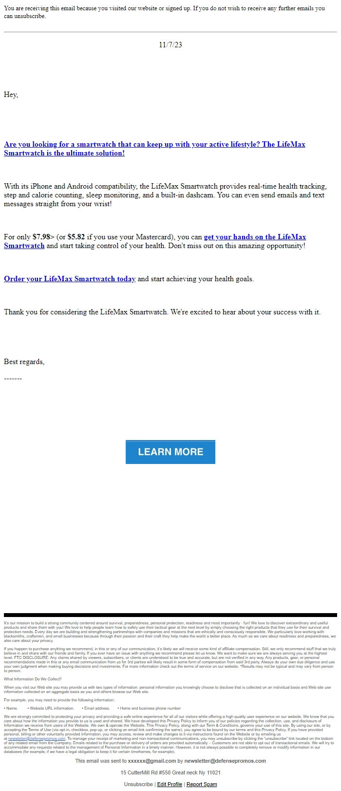 Screenshot of the email generated on import