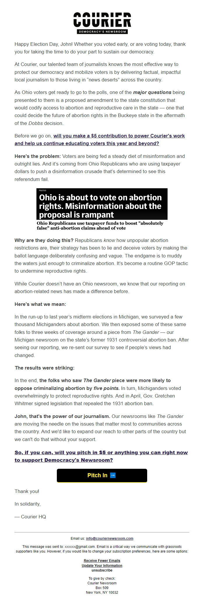 Screenshot of the email generated on import