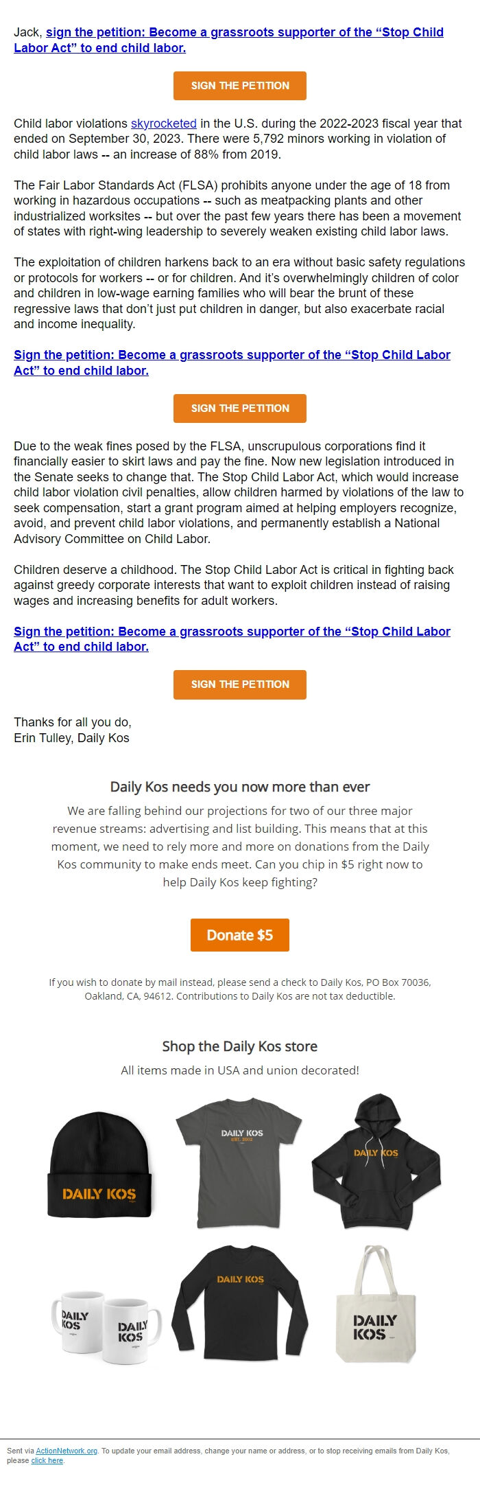 Screenshot of the email generated on import