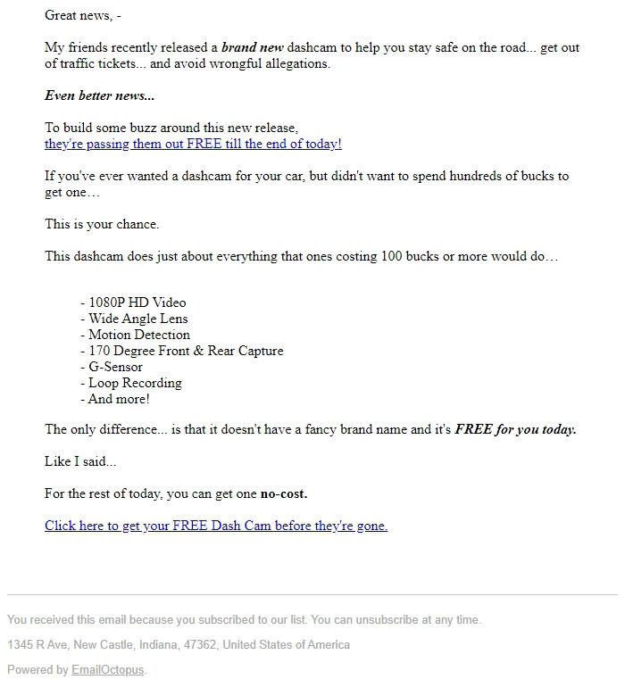 Screenshot of the email generated on import