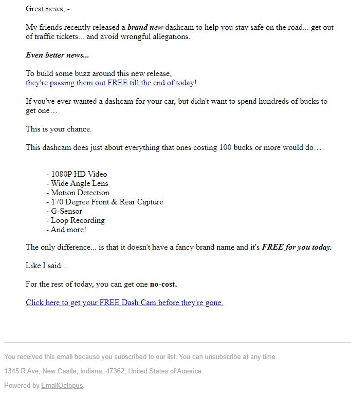 Screenshot of the email generated on import