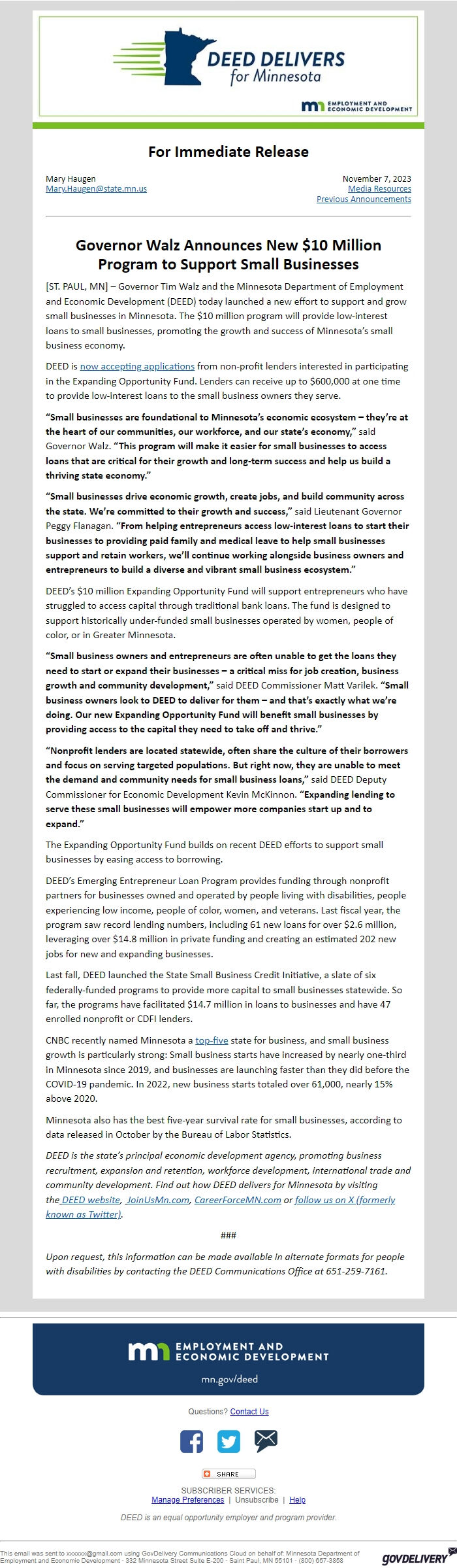 Screenshot of the email generated on import