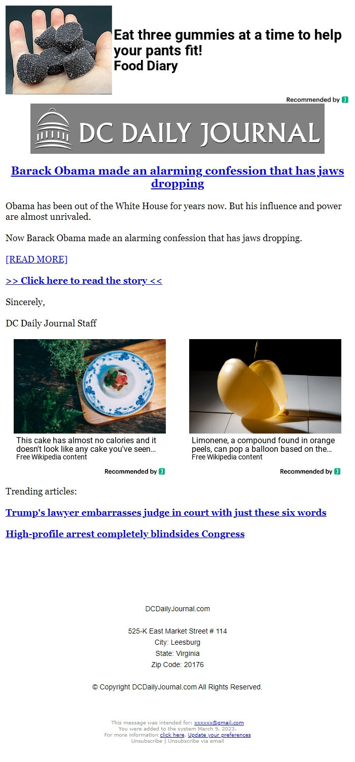 Screenshot of the email generated on import