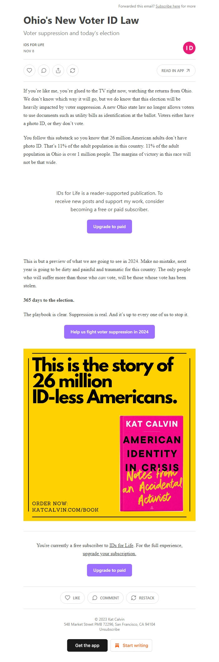 Screenshot of the email generated on import