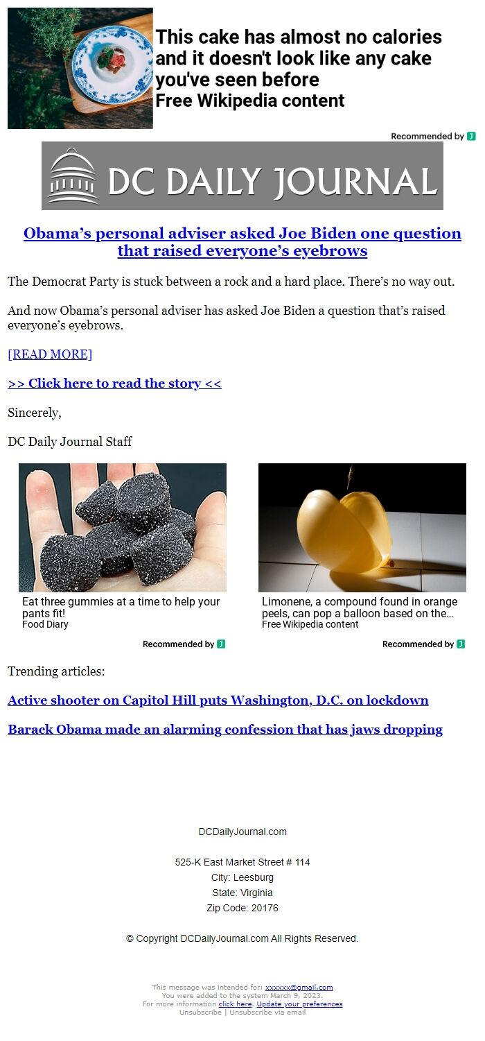 Screenshot of the email generated on import