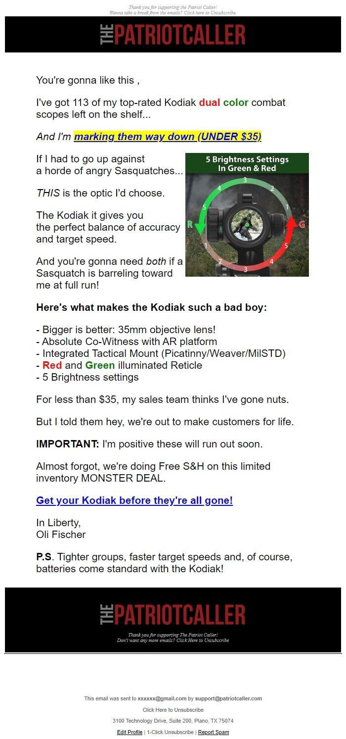 Screenshot of the email generated on import