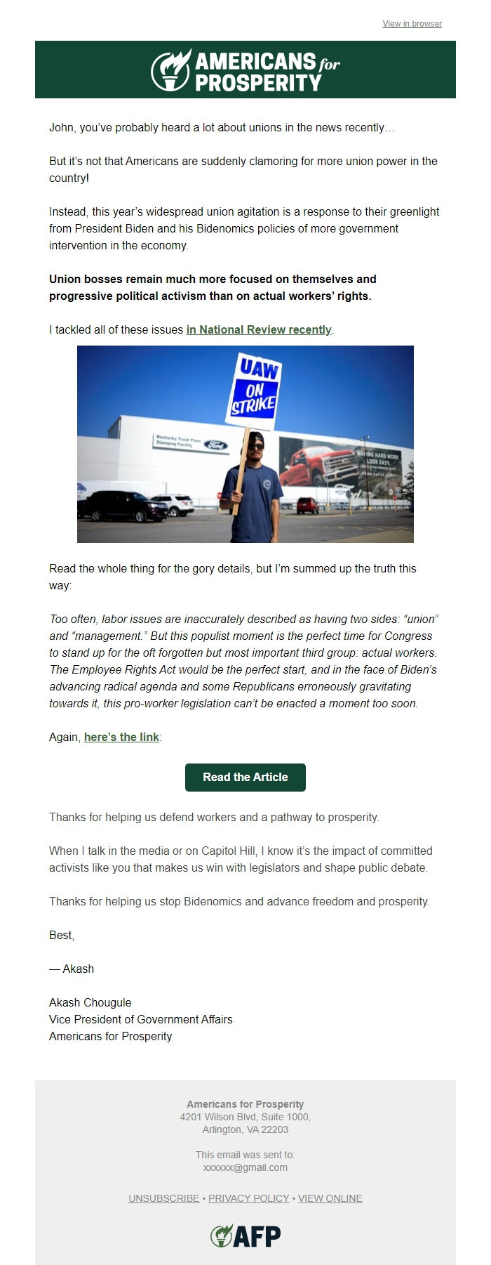 Screenshot of the email generated on import