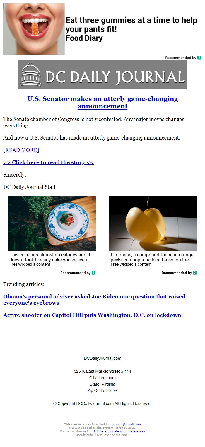 Screenshot of the email generated on import