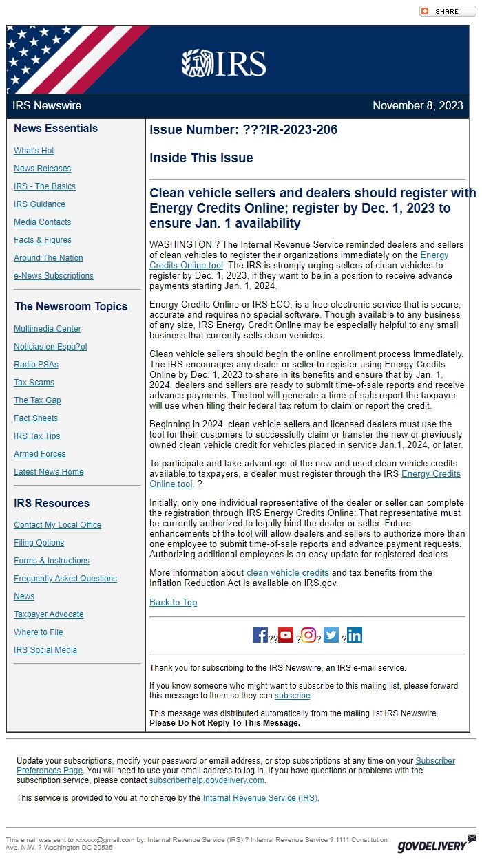 Screenshot of the email generated on import