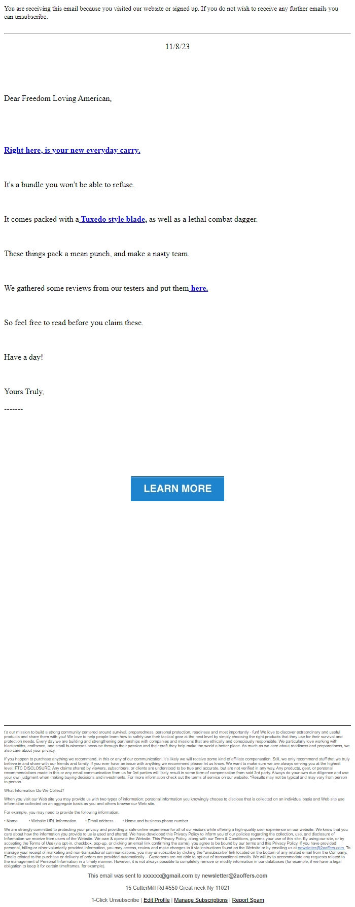 Screenshot of the email generated on import