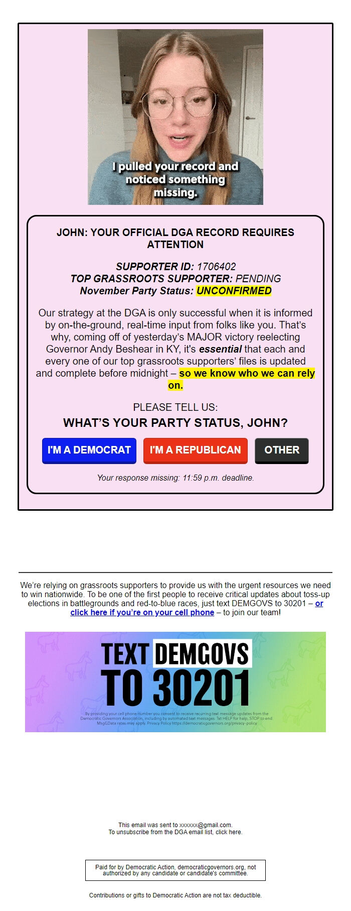 Screenshot of the email generated on import