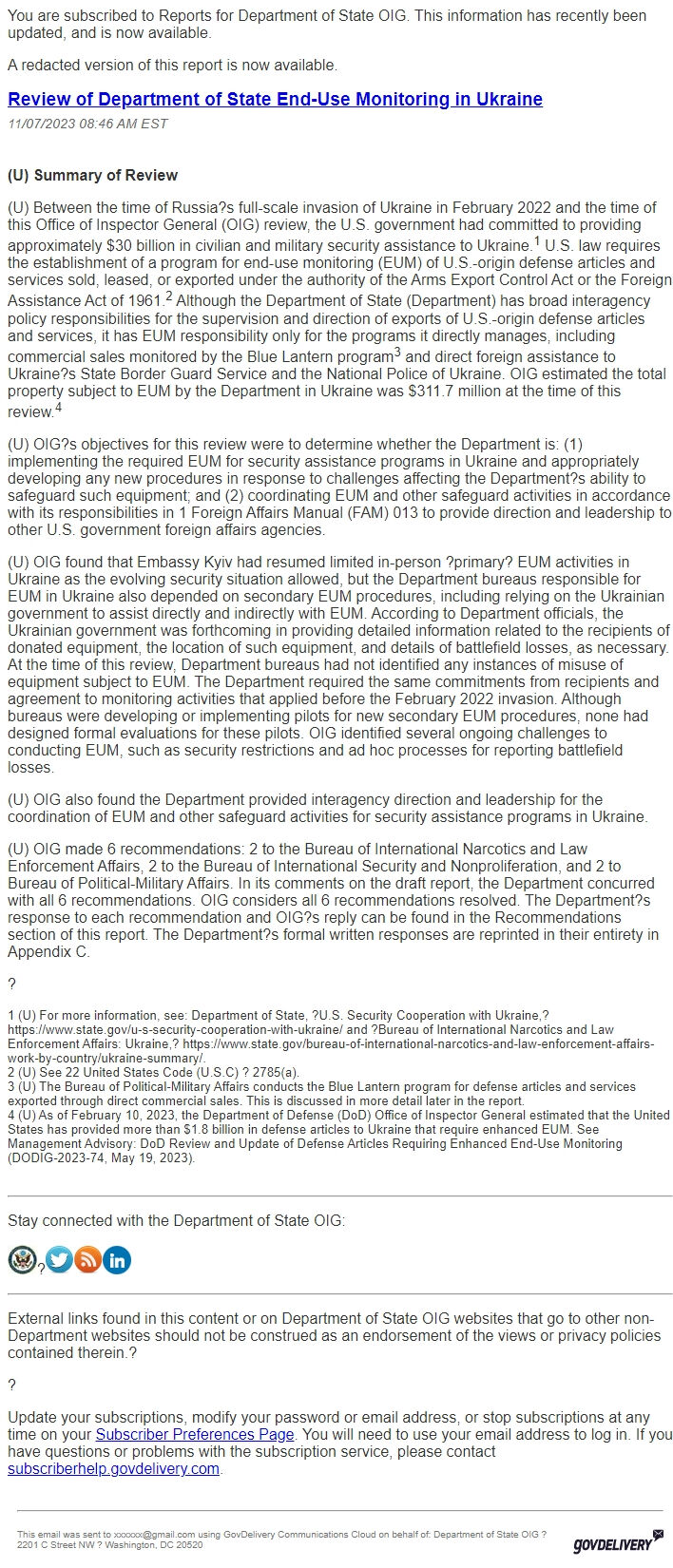 Screenshot of the email generated on import