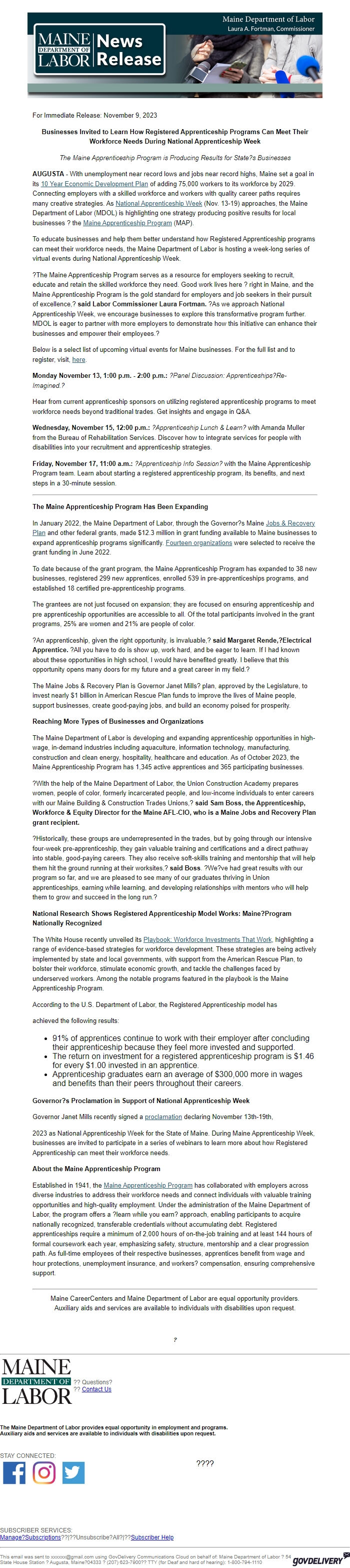 Screenshot of the email generated on import