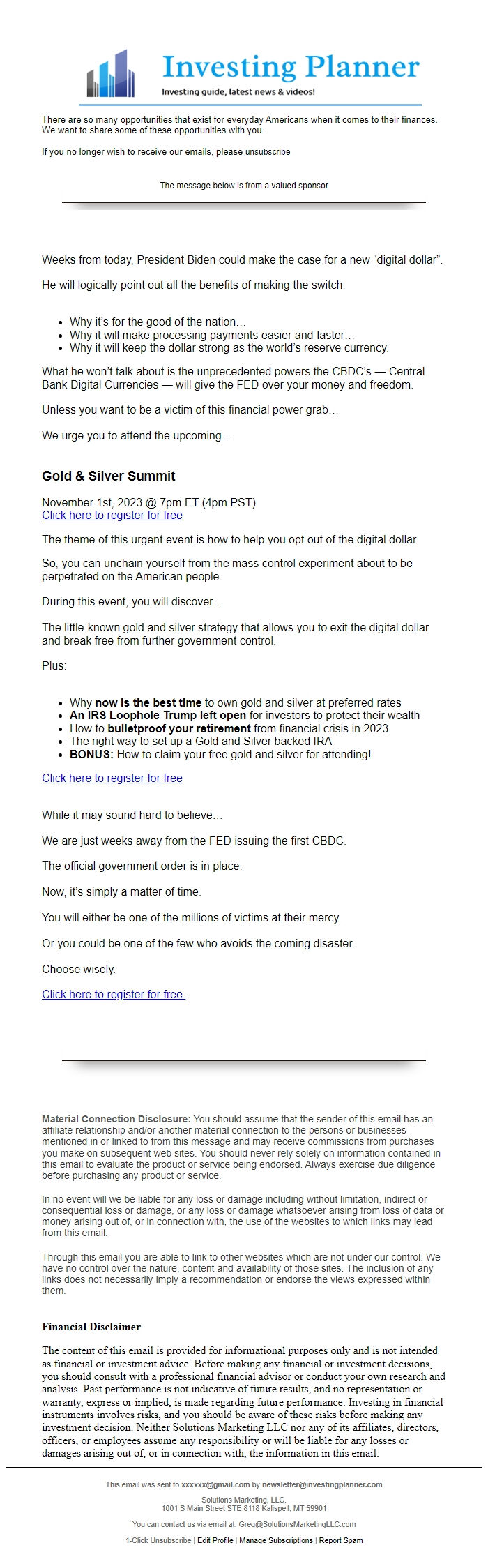 Screenshot of the email generated on import