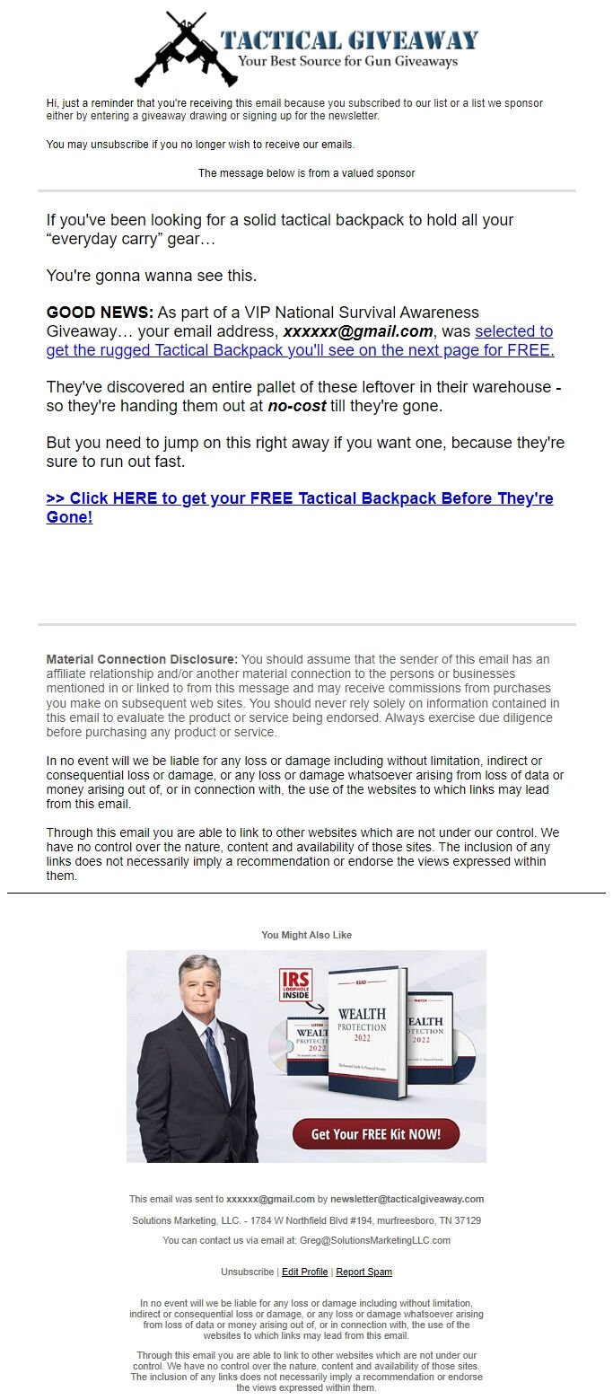 Screenshot of the email generated on import