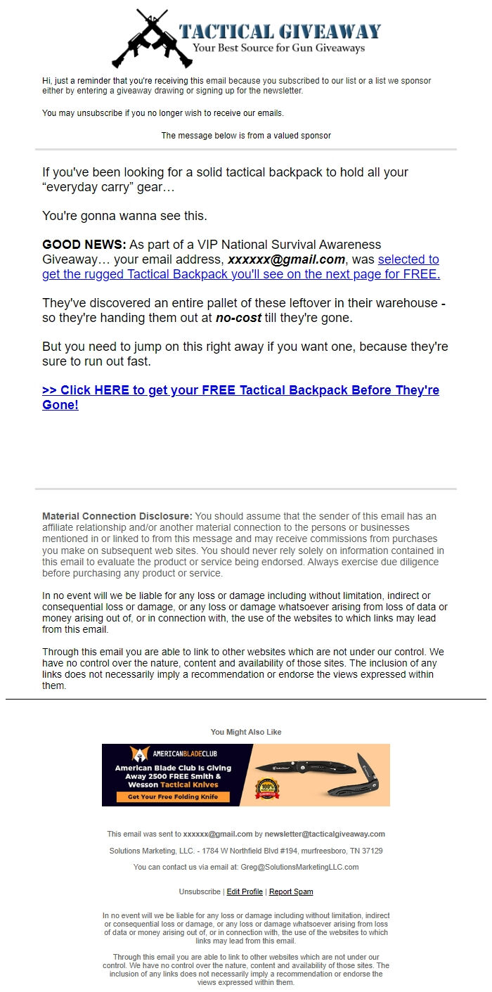 Screenshot of the email generated on import